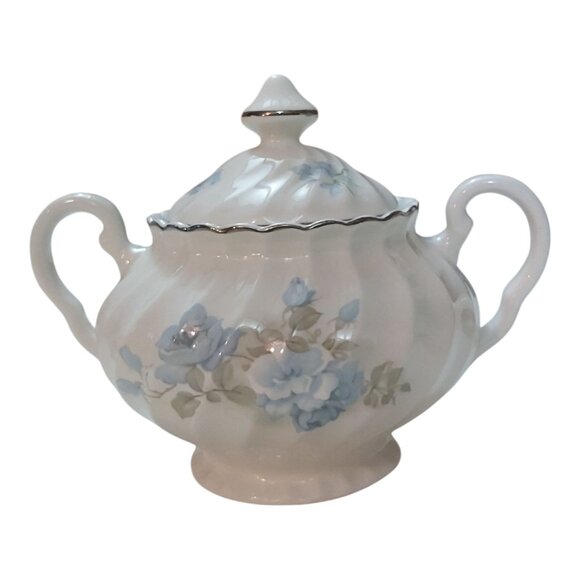 Vintage Porcelain Sugar Bowl with Lid, Blue Floral Pattern, Silver Trim, 4 Inch - Picture 1 of 8